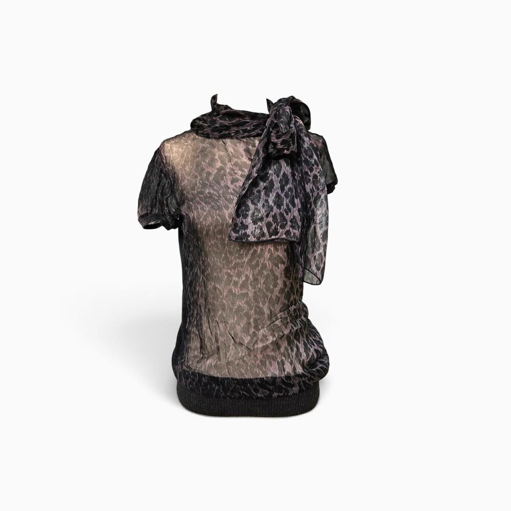 Y2k D&G Dolce & Gabbana Top Sheer Metallic Leopard Bow Blouse Silk Blend - Small